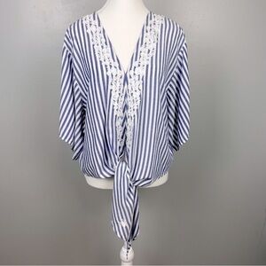 J.Marie 100% cotton embroidered tie front square sleeve striped top, large.
